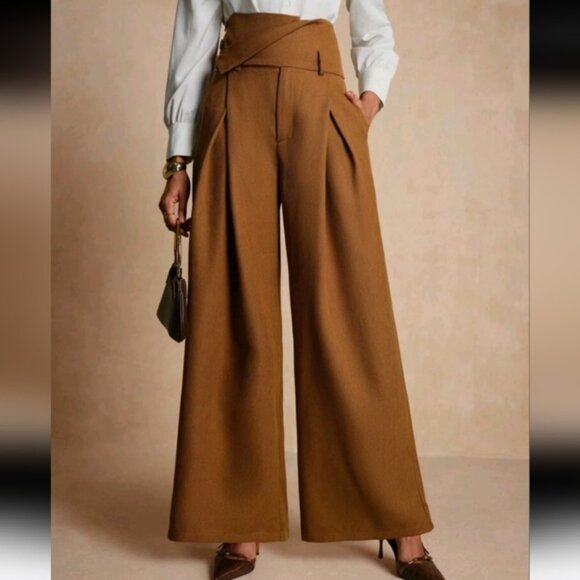 High Waist Tie Ruched Loose Fit Wide Leg Pants, British Style - Picture 1 of 4